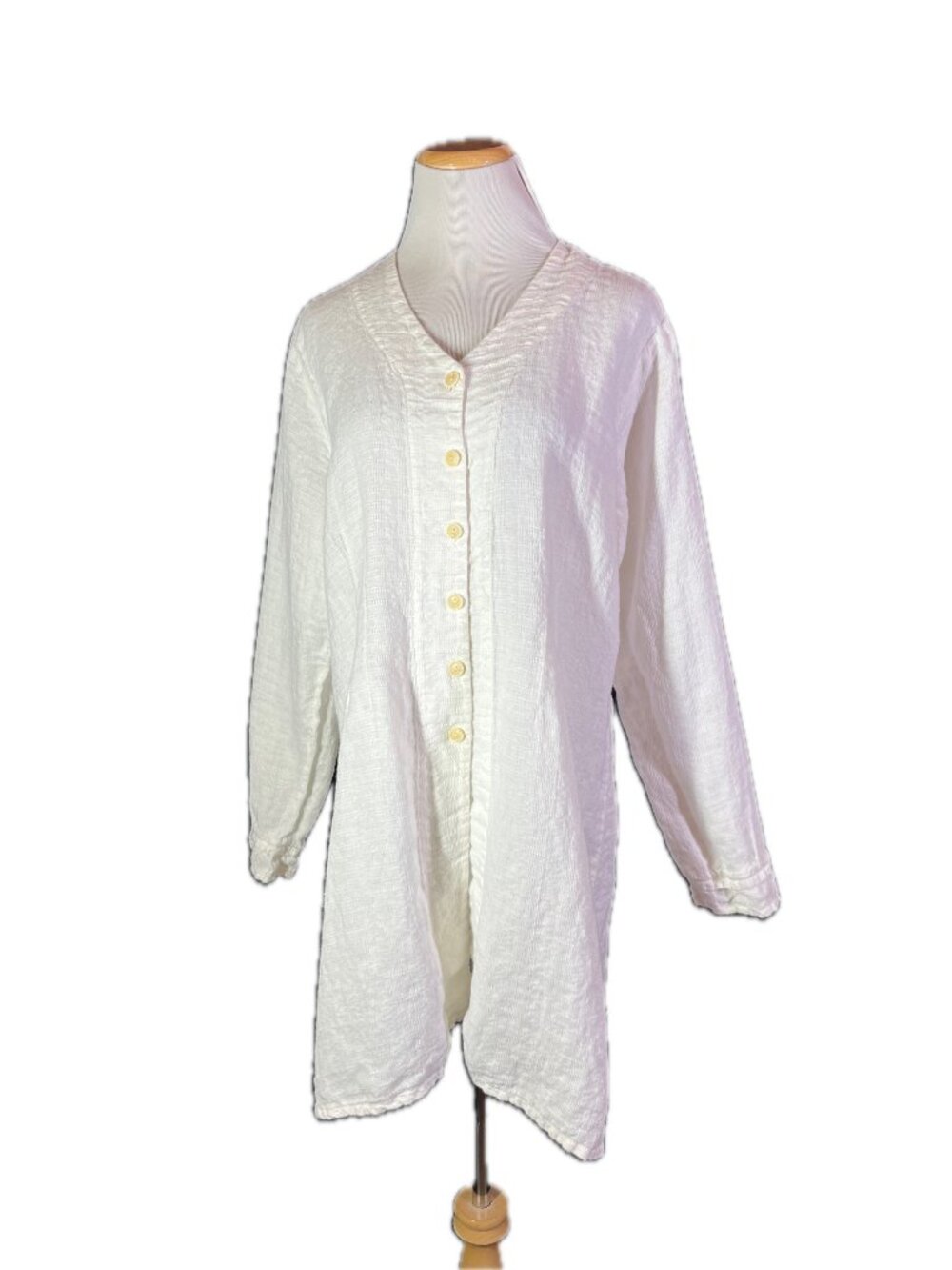 FLAX Size M Cream Textured Linen Button-Front Tunic Top Long Sleeve *Flaw